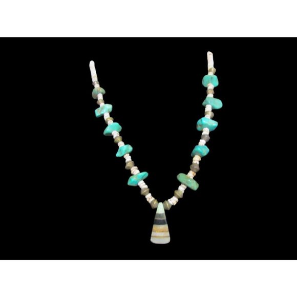 Southwestern Turquoise Nugget Brass Shell Pendant Necklace - Picture 7 of 16